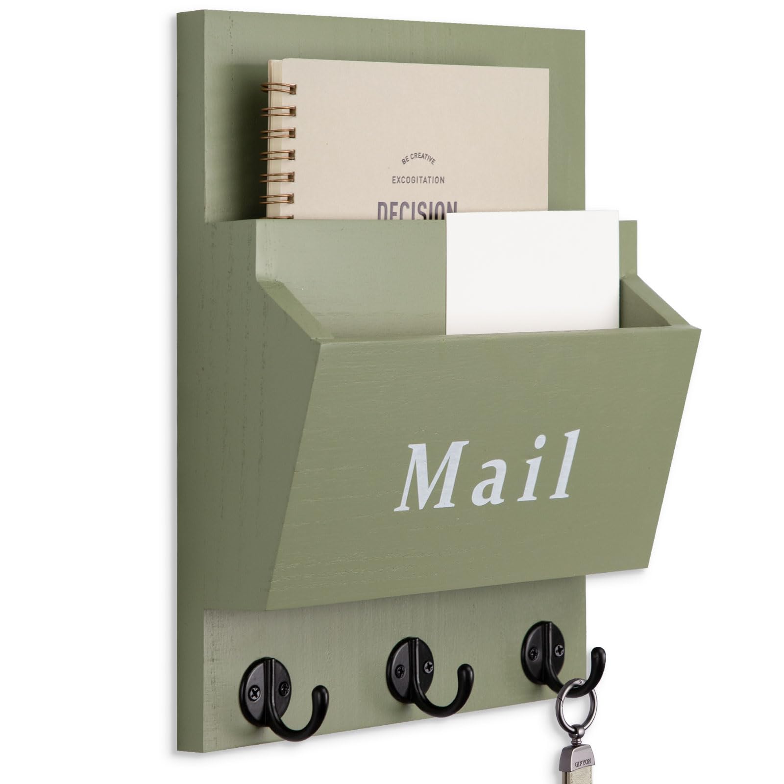 Mail and Key Holder - Decorative 8.86" x 11.42" Wall Key Hanger with 2 Mail Organizer Slots and 3 Hooks - Real Paulownia Wood with Keyhole Brackets, Hardware and Instructions (Sage Green)