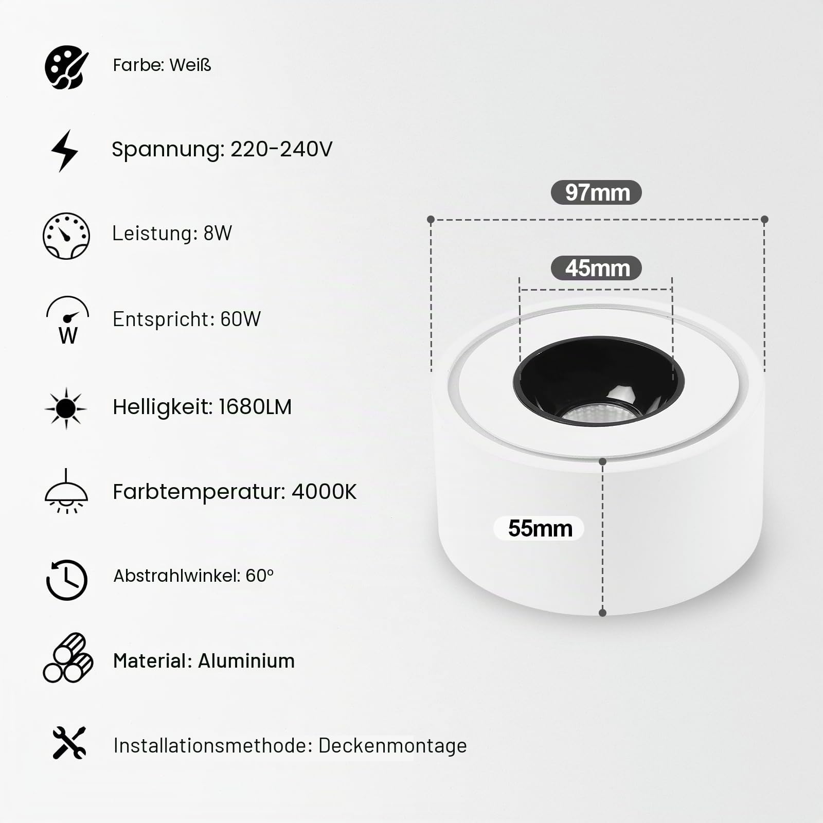 4 Stück LED Aufbauspot Weiß - Extra Flach - Ø97x55mm - Aufbauleuchte LED 8W 1680lm - 4000K Neutralweiß - Rund Aufbaustrahler 230V, Deckenspots aus Aluminium, Aufputz Deckenstrahler
