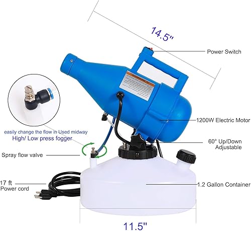 Máquina pulverizadora eléctrica ULV portátil de 4.5L (1.2 galones), máquina de nebulización fría, distancia de pulverización de 30 pies para el