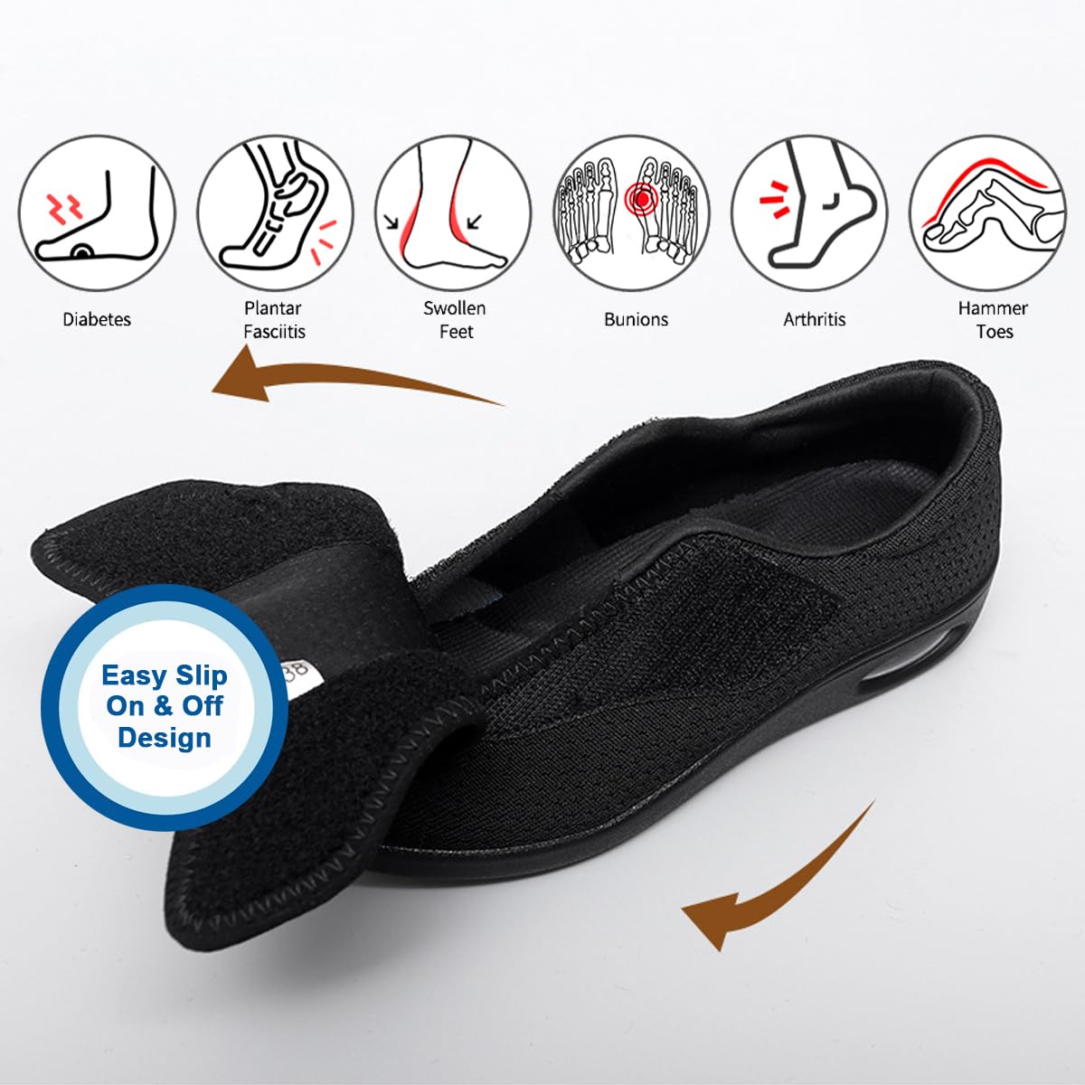 MONDEX Zapatos para diabéticos de Mujer, Zapatos Anchos para edemas, Zapatillas Ligeras y Transpirables para Caminar para Personas Mayores con pies hinchados,Negro,37
