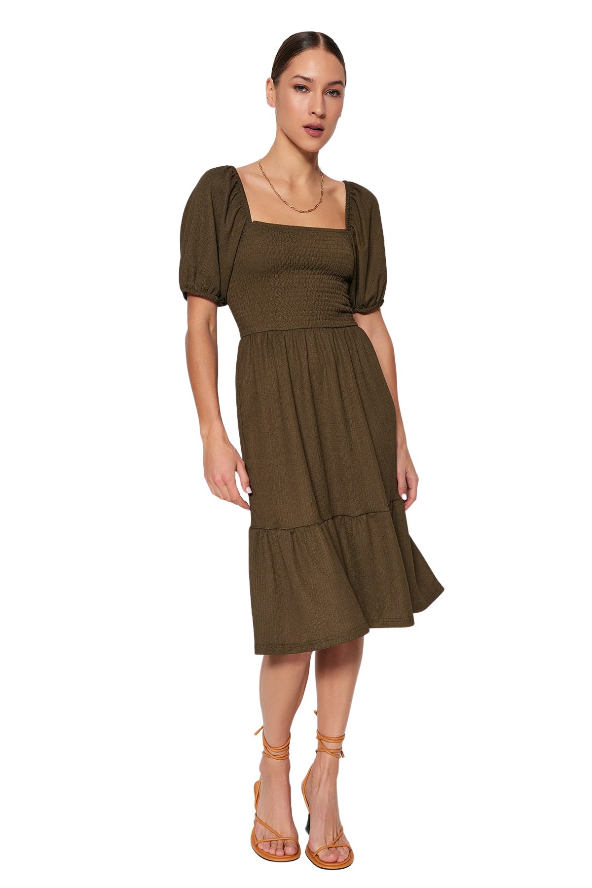 Trendyol Women Midi Skater Regular fit Knit Dress,Khaki,XS