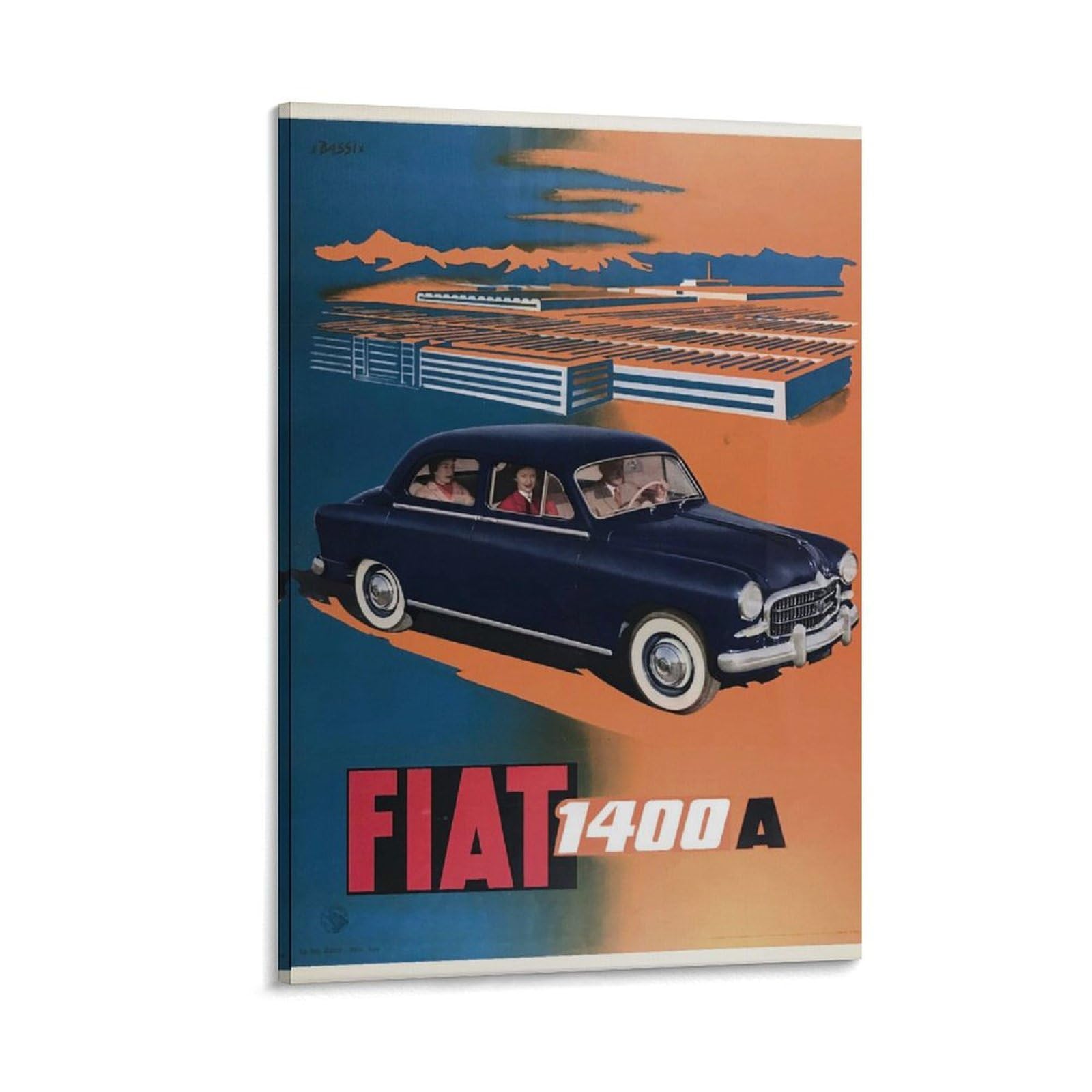 SXDMOUBK 1954 Fiat 1400A Italy Vintage Illustrated Travel Poster Artworks Canvas Wall Art Prints Home Modern Decor 20x30inch(50x75cm)