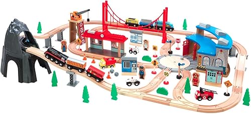 Miniatura 2 de Maxim - Juego de tren de madera de montaña de 100 piezas con casa redonda para niños pequeños con vías de tren de doble cara para Brio, Thomas,