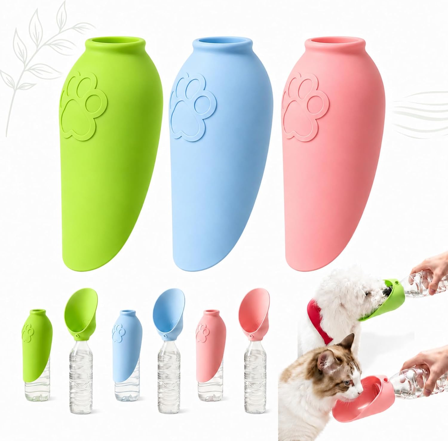 Silicone Dog Water Bottle Adapter, Portable Leaf Pet Water Dispenser for Standard Waters Bottles, Leakproof Foldable Outdoor Dog Bowl Feeder for Walking, Hiking and Travel (All)