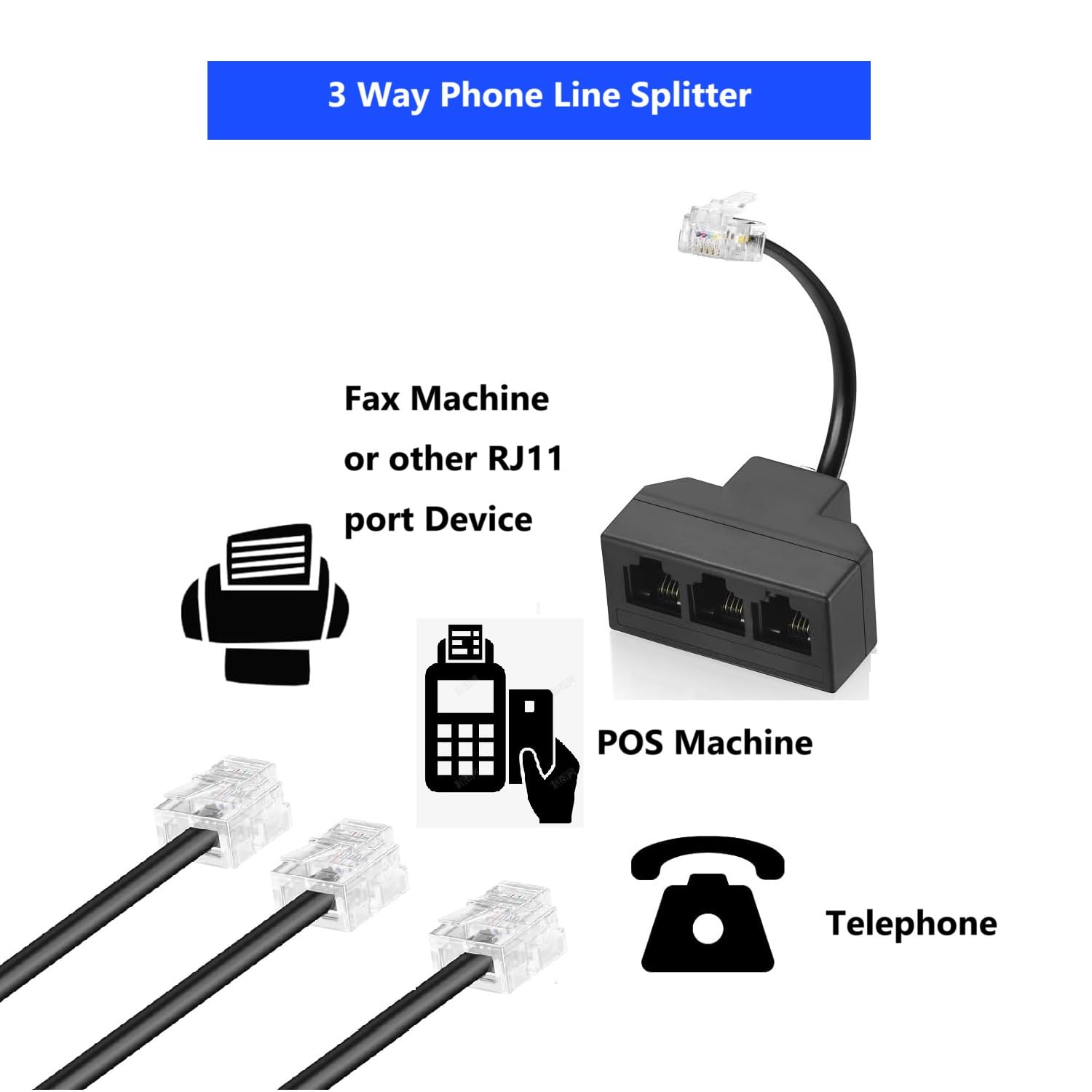 Cavo RJ11 a 3 vie, splitter telefonico a 3 vie, nero, splitter 6P4C, adattatore per linea telefonica con cavo per cavo telefonico fisso, adatto per telefono, fax