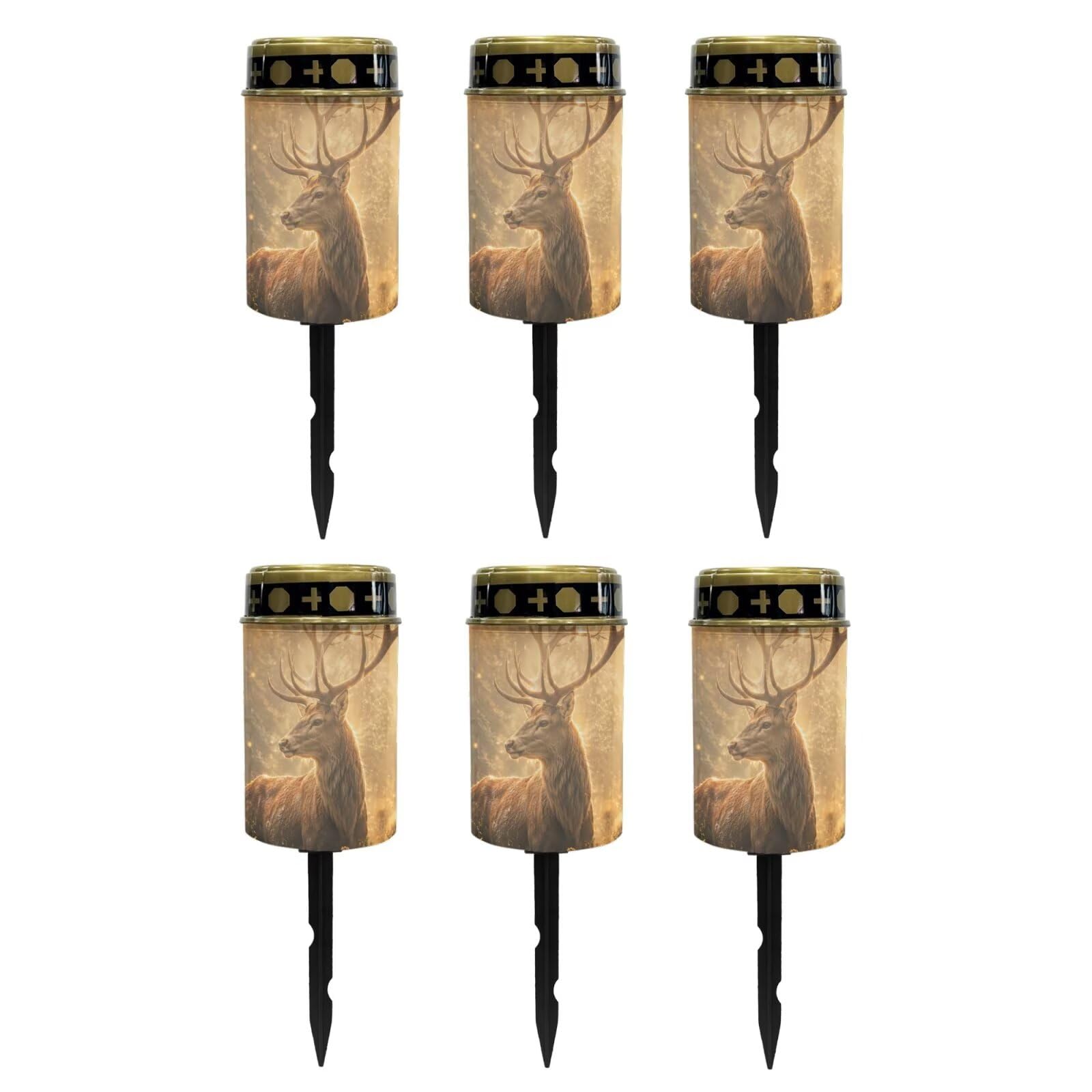 Poceacles Flameless Candle Solar Powered Grave Outdoor Lights Cemetery Candle Flameless Fake LED Pillar Lights Outdoor Waterproof Lawn Decoration, Deer Print, Pack of 6