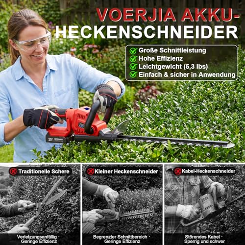 SMILOVII 21V Akku Heckenschere 50 cm Dual-Action Klinge, 2×2000 mAh Akku & Ladegerät, 850 W Elektro Heckenschneider, 180° drehbarer Griff, ergonomisch & sicherer Start für Garten, Sträucher und Hecken