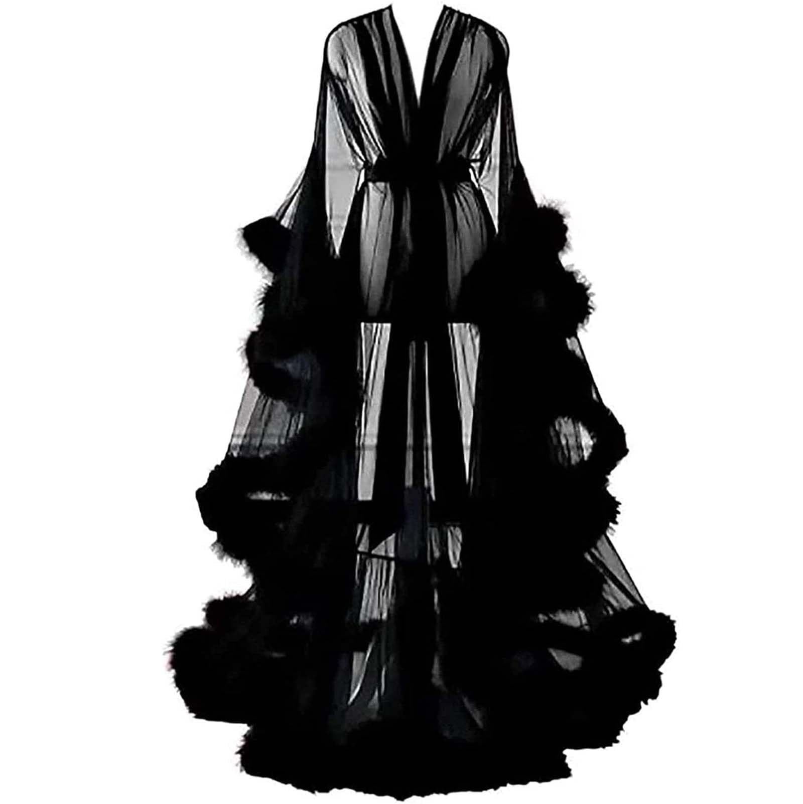 Générique Femme Sexy Kimono Long Dentelle Trasparente Queen Robe Perspective Lingerie de Nuit Sheer Nuisette avec Plumes Ceinture Grande Taille Chambre Kimono Maille Transparente,K,One Size