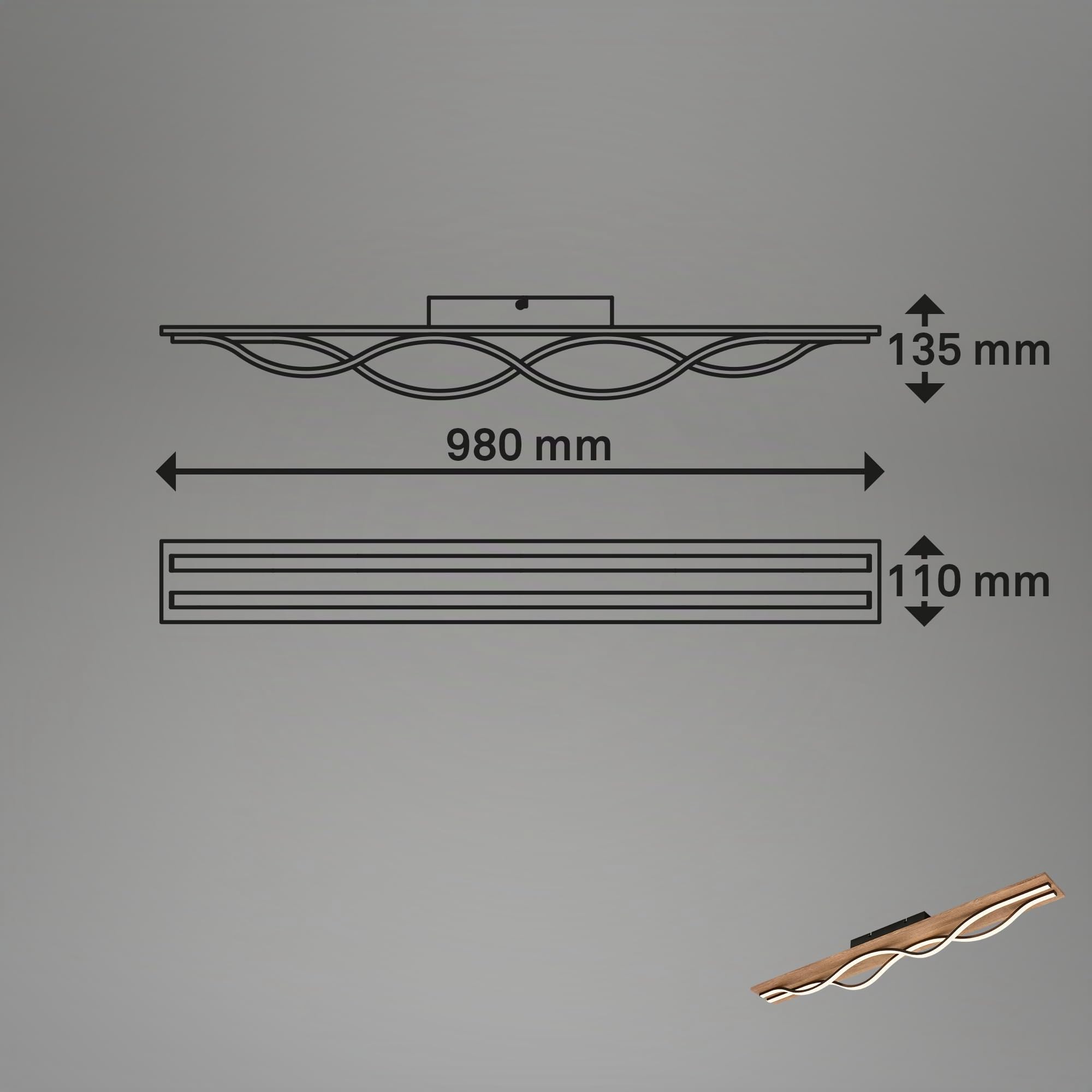 BRILONER - Lampada da soffitto LED vintage a forma di onda, luce bianca calda, base in legno, plafoniera LED, lampada, lampada da soggiorno, 98 cm, legno nero