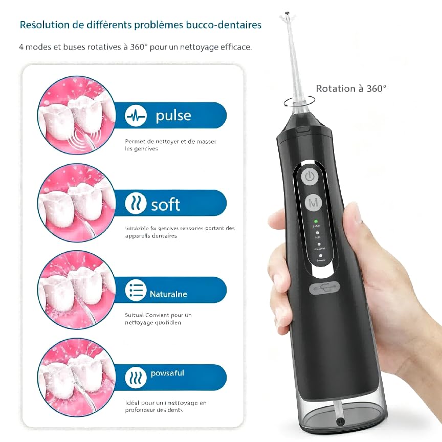Oryzom Hydropulseur Sans fil Pour un Soin Dentaire & Buccal optimal - Jet Dentaire pour Gencives 5 Modes & 4 Embouts, Réservoir de 300 ml, Étanchéité IPX7, Prenez soin de votre Bouche (Noir)