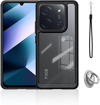 Case Cover for Xiaomi Poco C85 4G, Phone Case with Finger Ring Buckle and Lanyard, Protective Shell Premium PC+TPU, Cover with Scratch and Drop Resistant, Black