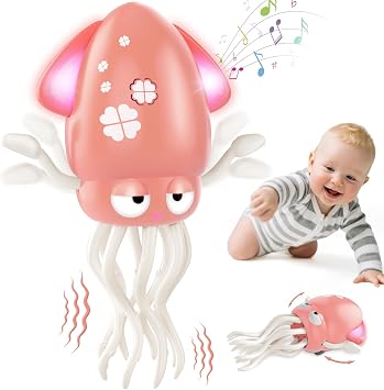 AOTIBO Baby Dancing Octopus Toy for 3 4 5 6 7 Year Old Boy Girl, Baby Tummy Time Electric Crawling Octopus Toys 36-96 Months, Dancing Squid Toy for Walking Toddlers, Kids Birthday Gifts, Pink