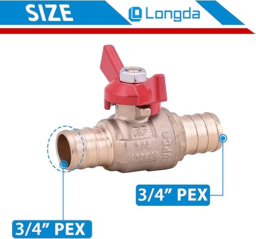 Miniatura 10 de Cierre de parada de agua de puerto completo, válvula de bola de latón PEX de 12 pulgadas, mango de 14 de giro, válvula de agua de púas PEX con