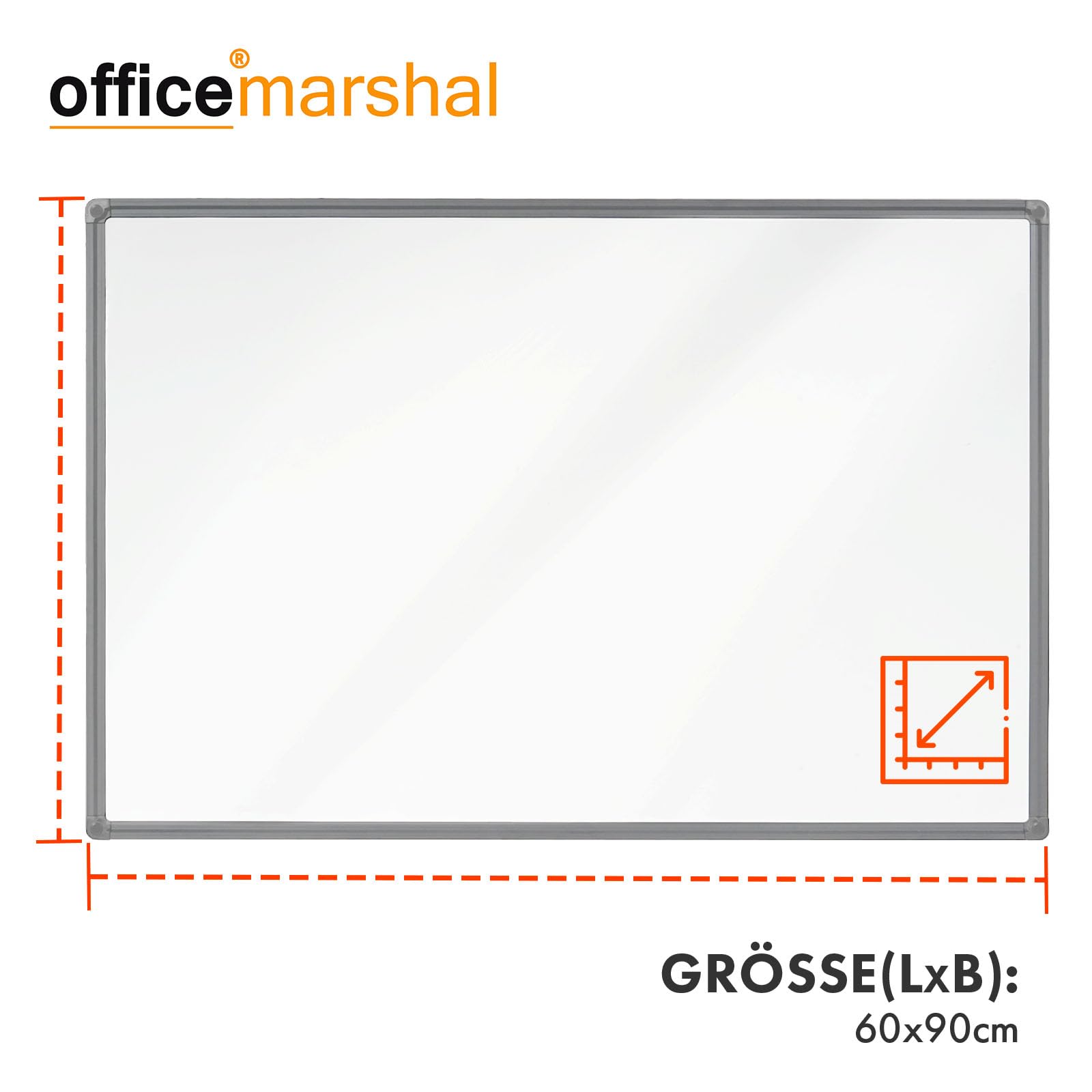 OfficeMarshal Tableau magnétique Whiteboard 60 x 90 cm avec cadre en aluminium argent | Tableau blanc magnétique avec rangement pour stylos | Tableau mémo magnétique effaçable à sec (cadre argenté)