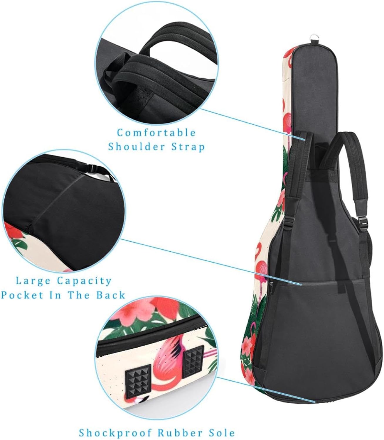 40/41/42-inch Flamingo Leaves Acoustic Guitar Bag With Adjustable Shoulder Strap And 2 Storage Bags. Guitar Bag With Back Hanging Loop, Electric, and Classical Guitars