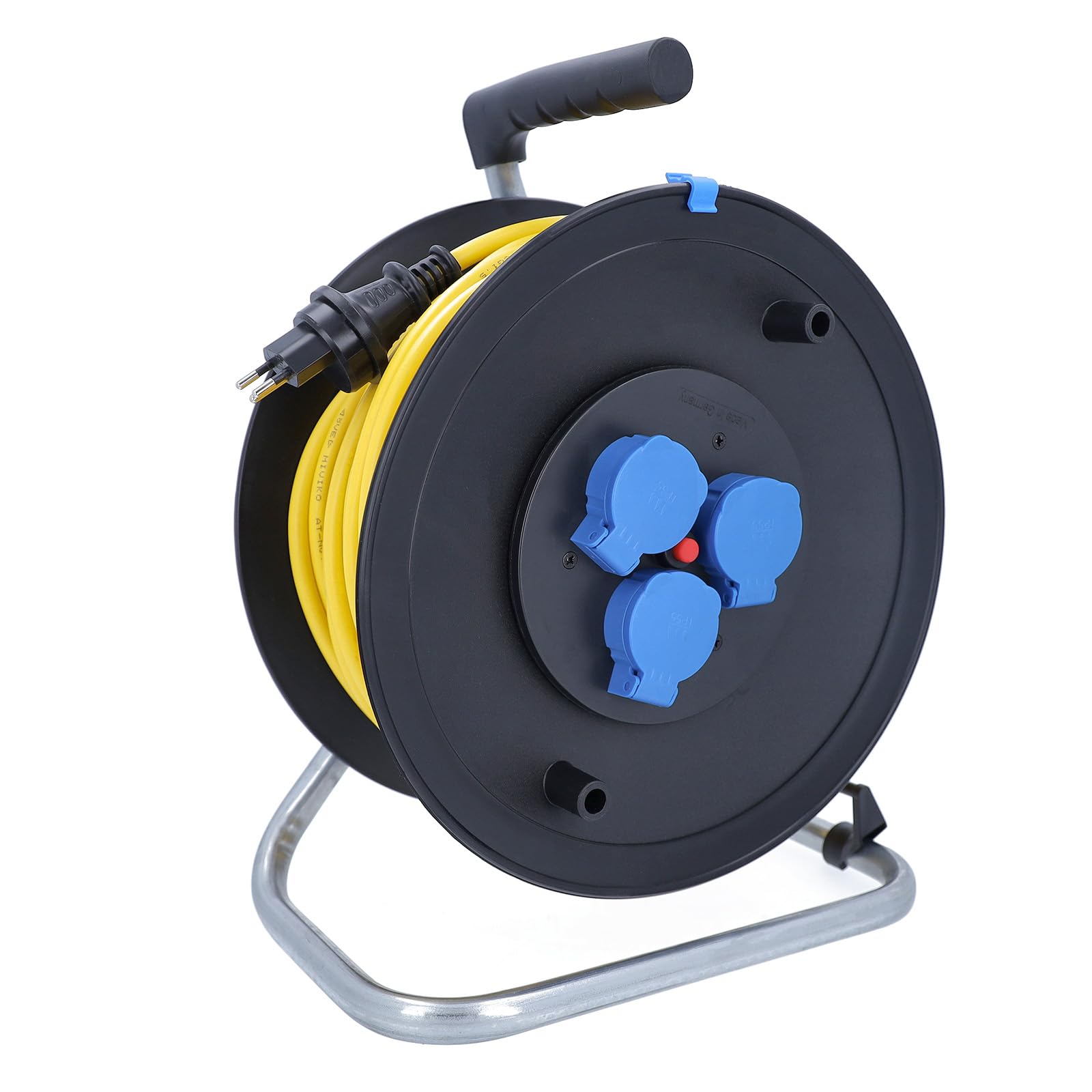 as - Schwabe Kabeltrommel 25 m K35 AT-N07V3V3-F 3G1,5 gelb, IP44 Außenbereich, mit SEV T13 Stecker IP55 und 3x Typ 13 Steckdosen, Thermoschutzschalter, Made in Germany