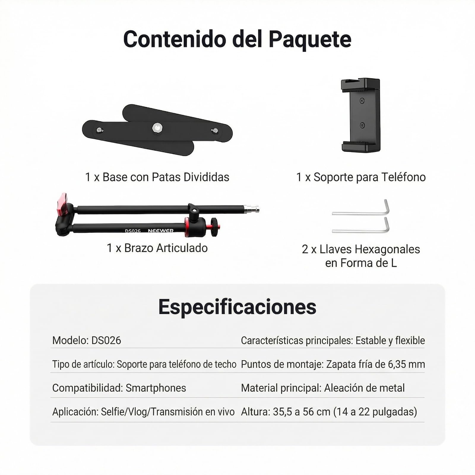 NEEWER Soporte trípode para teléfono Overhead con Brazo articulado con Doble Cabeza esférica, Soporte para teléfono móvil de Mesa con Base Plegable para Piano Cocina Dibujo bocetos Streaming Live