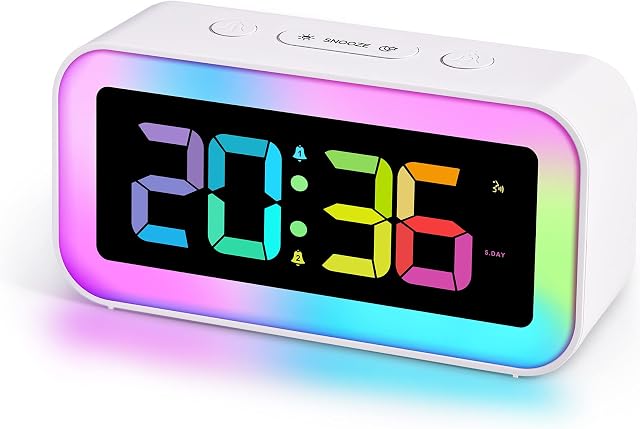 U-picks Alarm Clock for kids Adult,light alarm clock with Simple LED Display 8 RGB Night light & 7 RGB Digital,Adjustable Brightness,Dual Alarm,Voice Control,bedside alarm clock mains powered-White