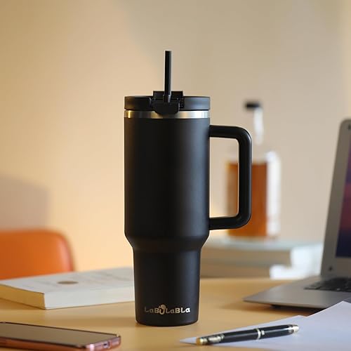 Miniatura 5 de Vaso de 40 onzas con asa de acero inoxidable reutilizable de doble pared con aislamiento al vacío, tapa a prueba de fugas y pajilla para bebidas