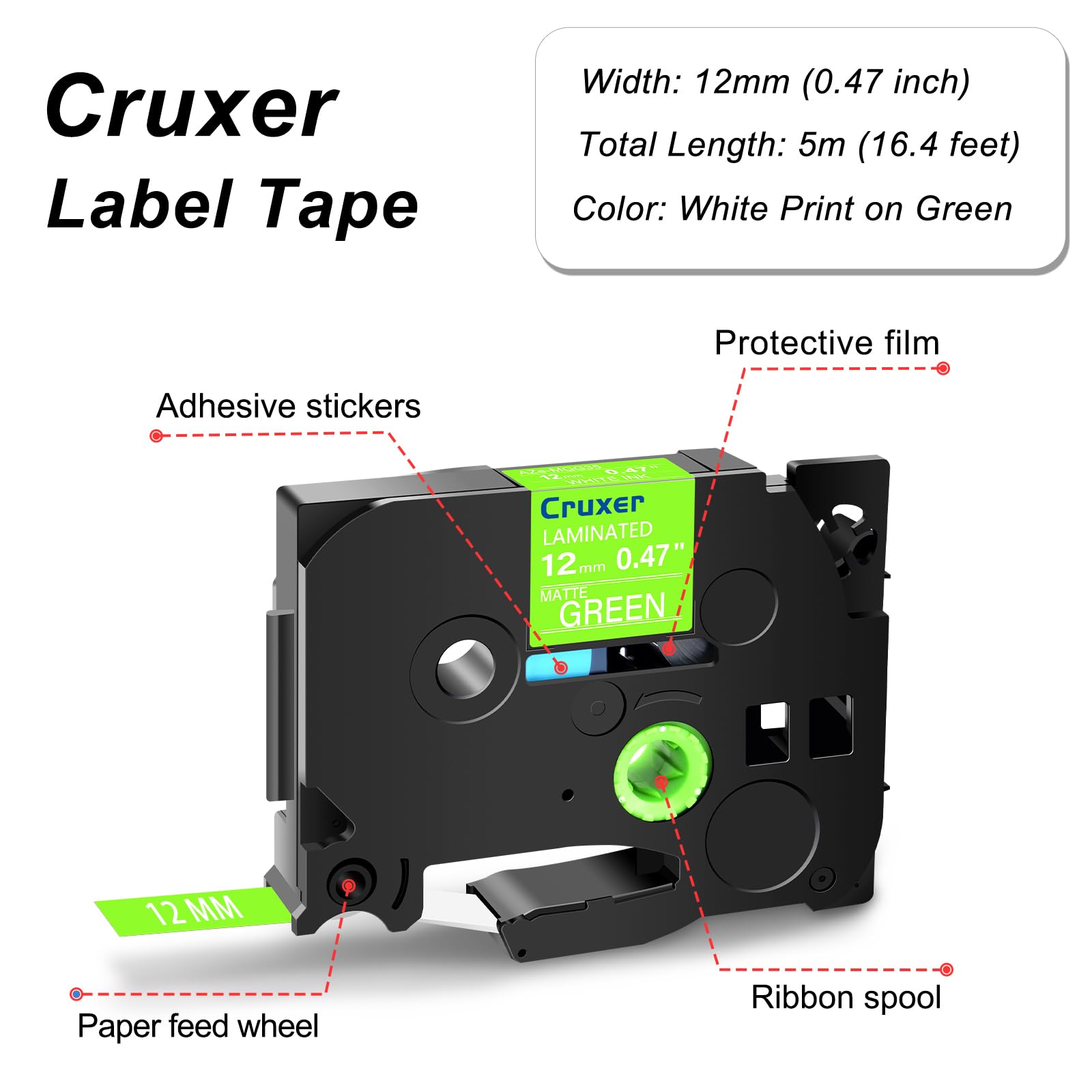 Cruxer 20er-Packung Kompatibel für Brother P-touch TZe-MQG35 Matt Green Laminierte Bänder，Weiß auf Grün 0,47'' 12mm x 5m Schriftband Ersatz für Brother PT-H100R PT-H105 PT-H110 PT-D410 PT-E110VP