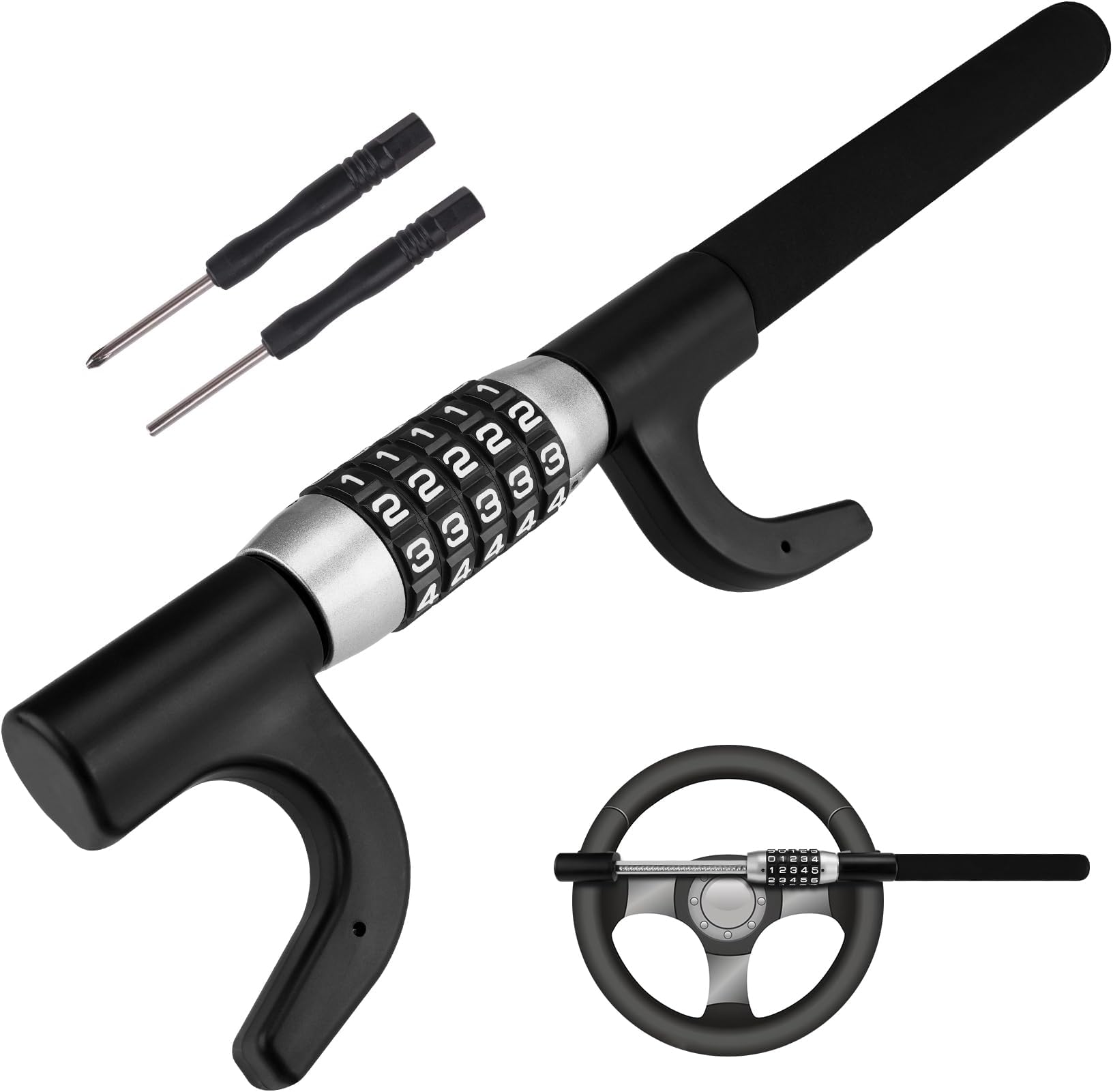 Steering Wheel Lock, 5-Digit Keyless Combination Anti-Theft Device, Heavy Duty Universal Fit for Cars/SUVs/Vans/Trucks, Adjustable Extendable Design, High Security (Black)