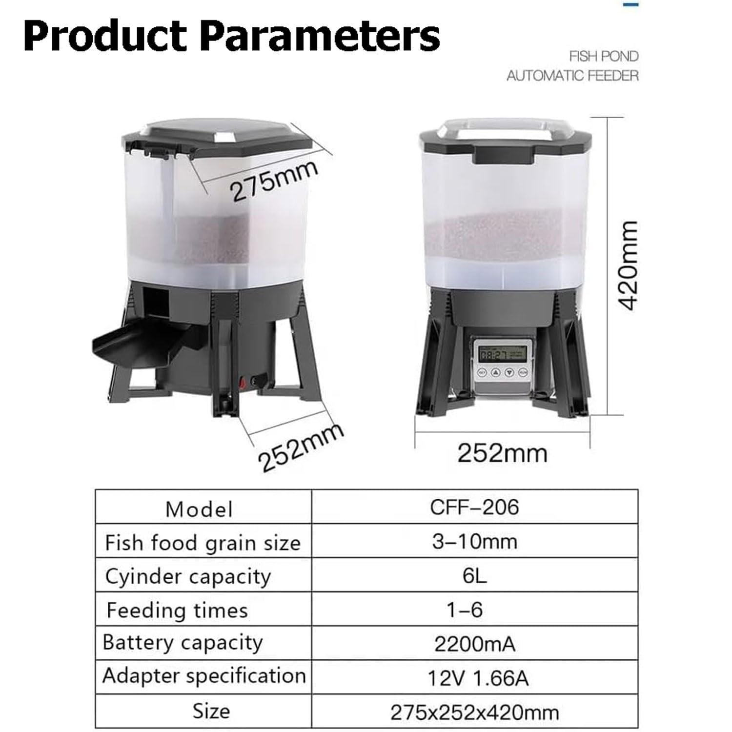 Distributore automatico di mangime per pesci, 6 l, con funzione di alimentazione a 120°, display LCD, distanza di alimentazione regolabile e prese multiple per acquari e uso esterno