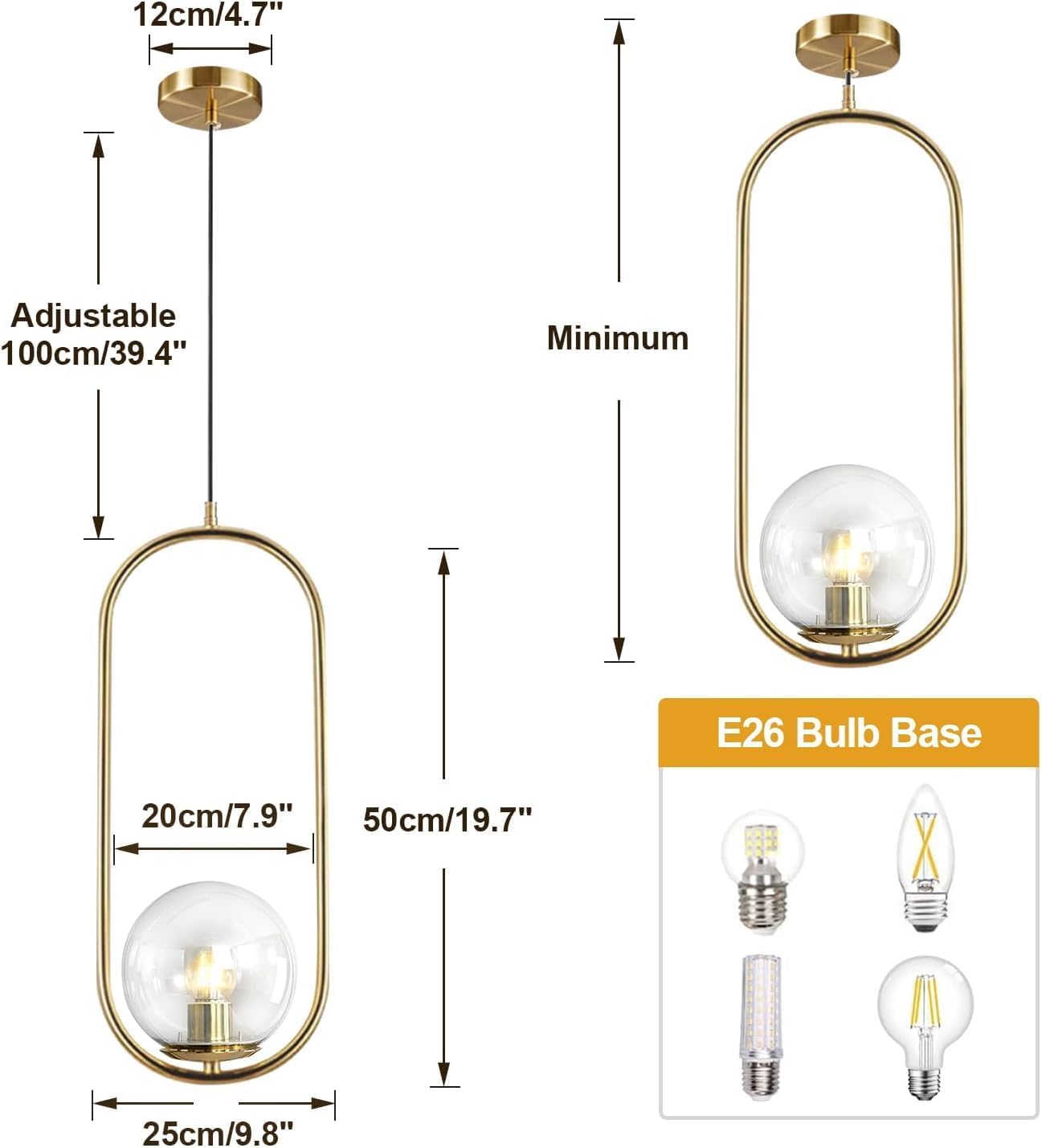 BOKT Mid Century Modern 1-Light Large Globe Pendant Light Fixture Minimalist Brass Gold Kitchen Island Pendant Lighting Clear Bubble Glass Globe Pendant Lamp (Clear-Large)