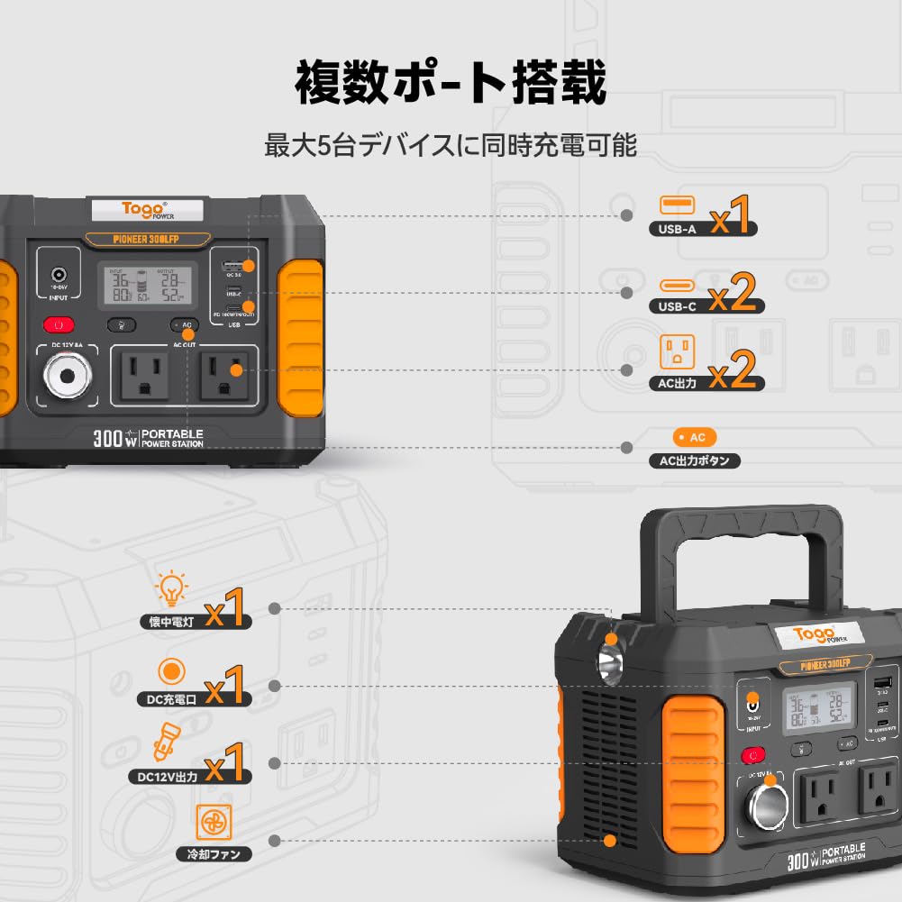 Togo Power ポータブル電源 ポータブル電源 177Wh/300Ｗ 1k Amazon.co.jp: Togo Power Portable Power Supply, 177Wh/300W, Iron