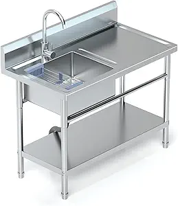 Utility Sink Freestanding Single Bowl Laundry Sink with Hot and Cold Water Plumbing Workbench & Storage Stainless Steel Sink for Kitchen and Bathroom Farmhouse Style, 39Inch, Metallic Gray