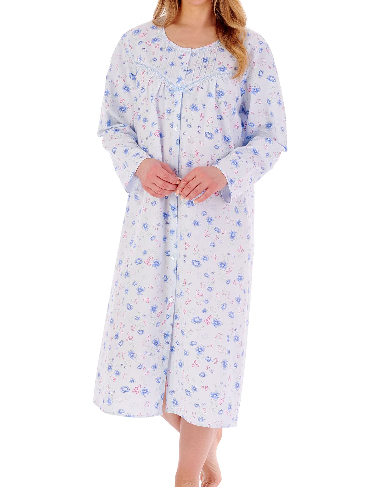 Slenderella Long Sleeve Button Cotton Nightie ND02202 Blue 24-26