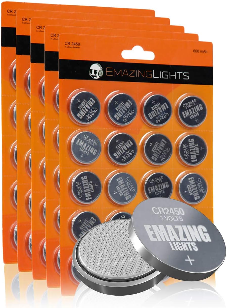 EmazingLights CR2450 Batteries 100 Pack 3V Lithium Coin Cell Battery Long Lasting Multipack for Key Fob Candles Remotes