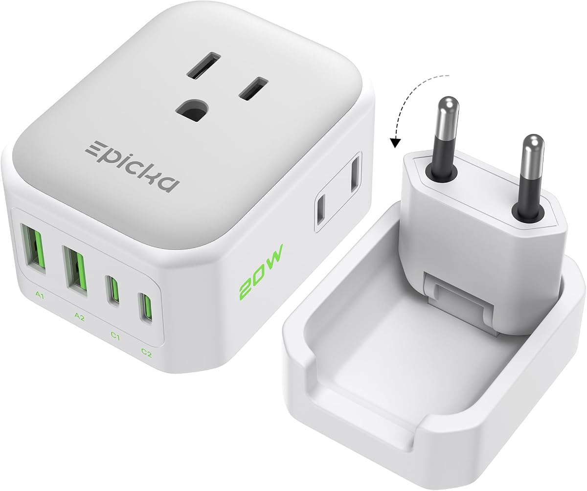 Adaptador de viaje EPICKA PD 20W tipo C europeo, 2USB-A/2USB-C | Adaptador de corriente internacional con VisaPlug, plegable y desmontable, de EE. UU. a Europa, blanco