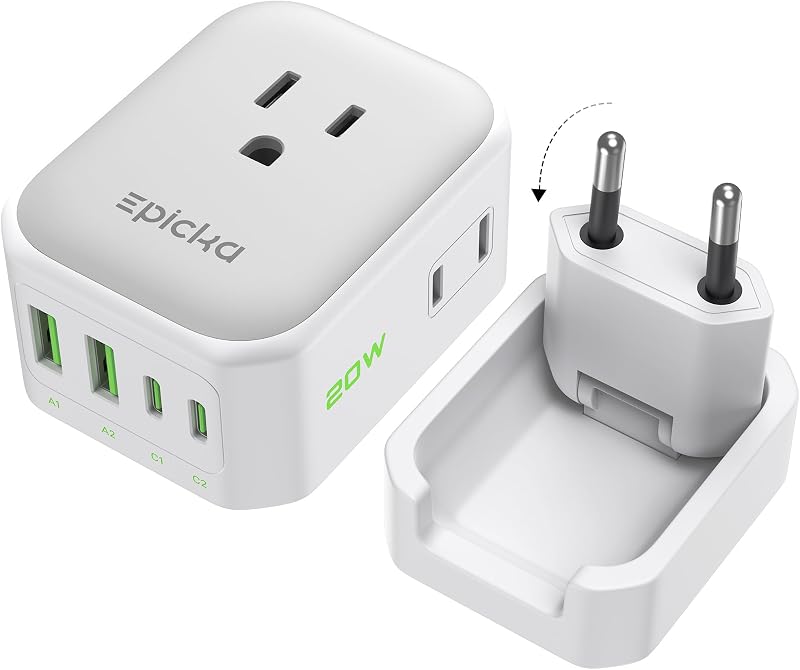 Adaptador de viaje EPICKA PD 20W tipo C europeo, 2USB-A/2USB-C | Adaptador de corriente internacional con VisaPlug, plegable y desmontable, de EE. UU. a Europa, blanco
