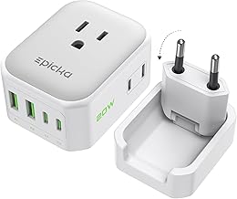 EPICKA Hybrid European Travel Plug Adapter, Foldable & Detachable Type C (EU) VisaPlug, 8-IN-1 International Power Adapter with 4 USB Ports (2 USB-C PD 20W) - Travel Essentials for US to Europe, White