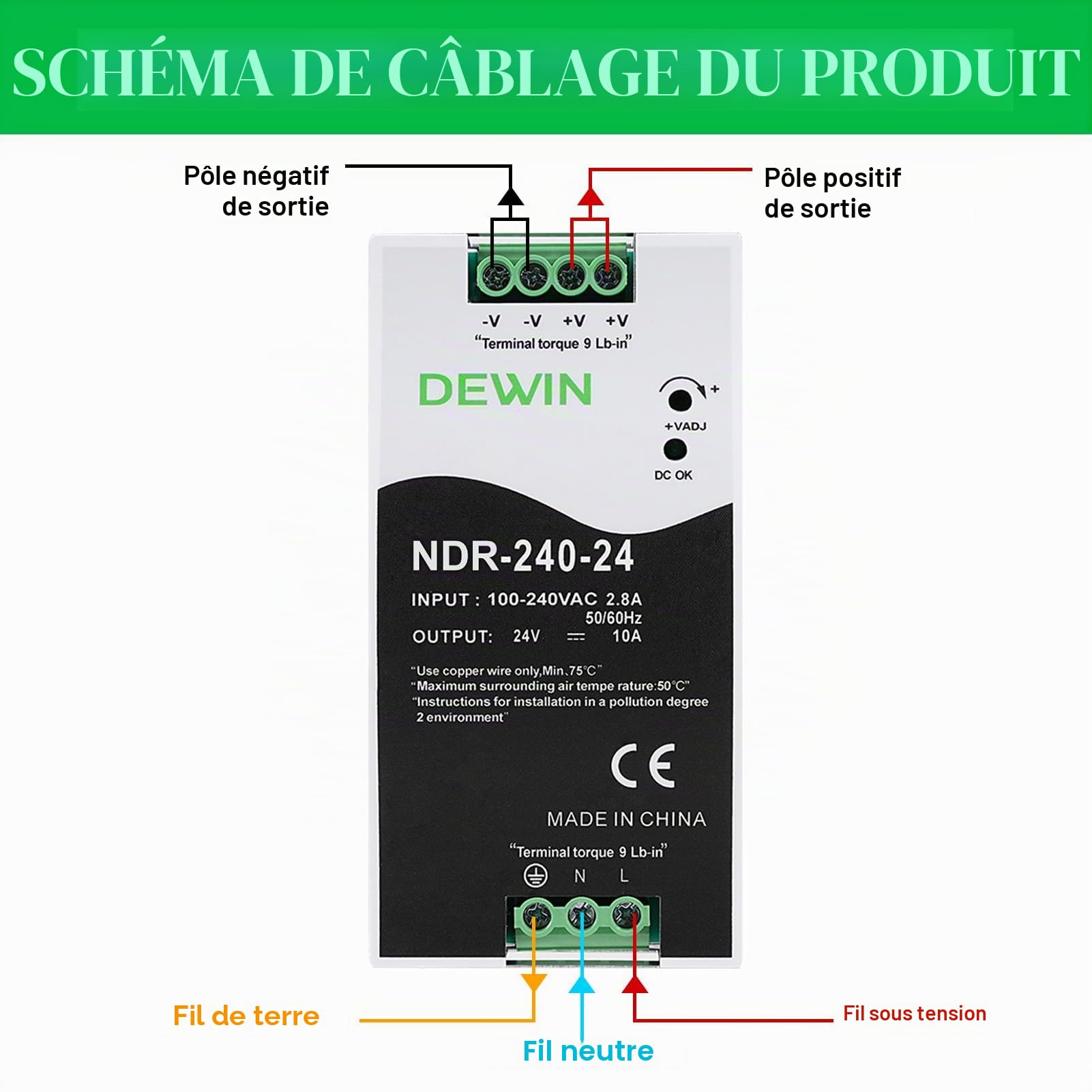Alimentation sur rail din 24V 10A 240W bloc d'alimentation pour rail din transformateur Entrée AC100-240V 2.8A sortie DC24V 10A alimentation à découpage industrielle NDR-240-24