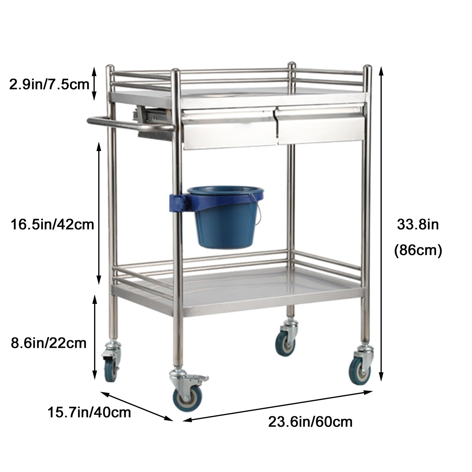 Carrello da laboratorio con ruote, in acciaio inox, a 2 ripiani, con ruote silenziose a 360° e cassetto per laboratorio, clinica, cucina, salone