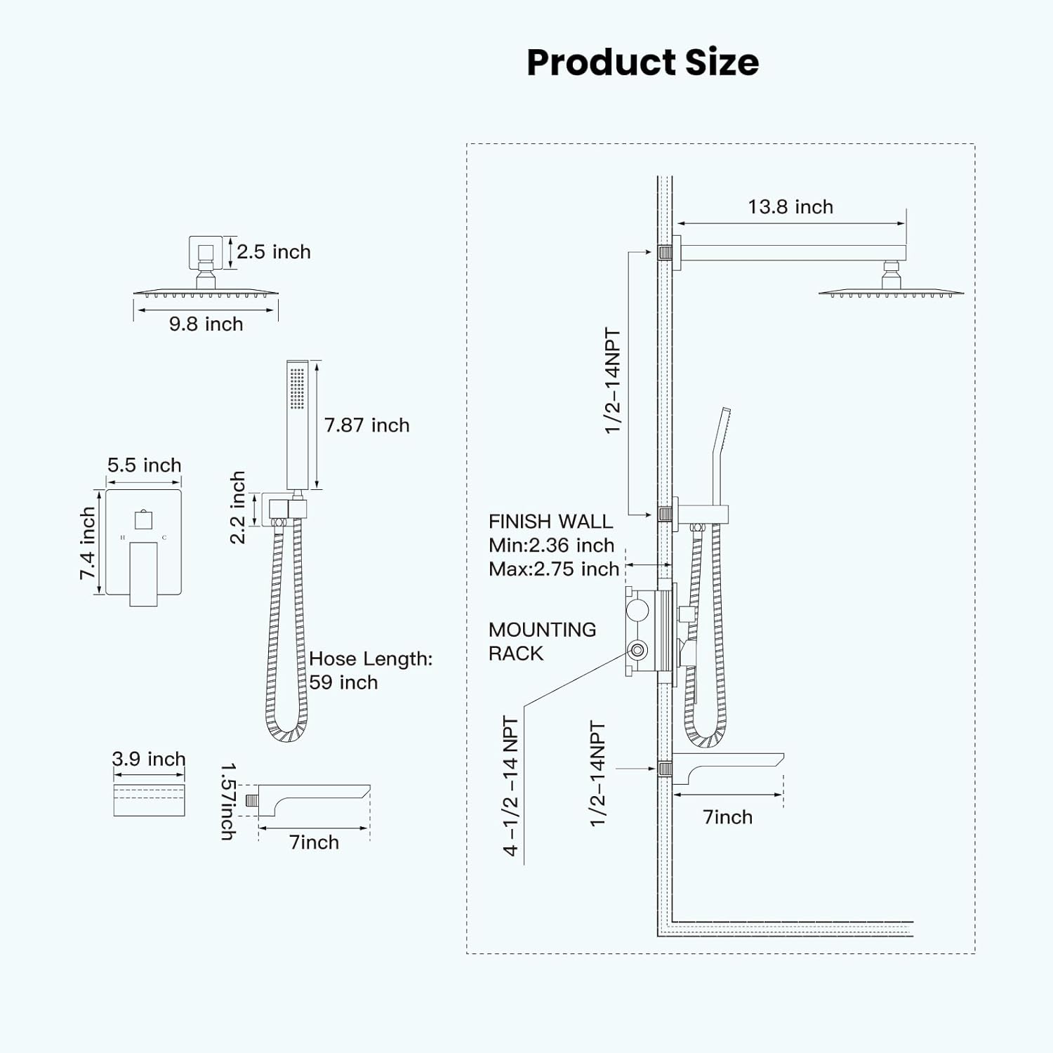 gotonovo Shower System with Tub Spout,Waterfall Tub Shower Faucet Set for Bathroom Head and Handle Set Wall Mounted 3 Function Rough-in Valve and Trim Included 10 inch Shower Head Matte Black - Image 6