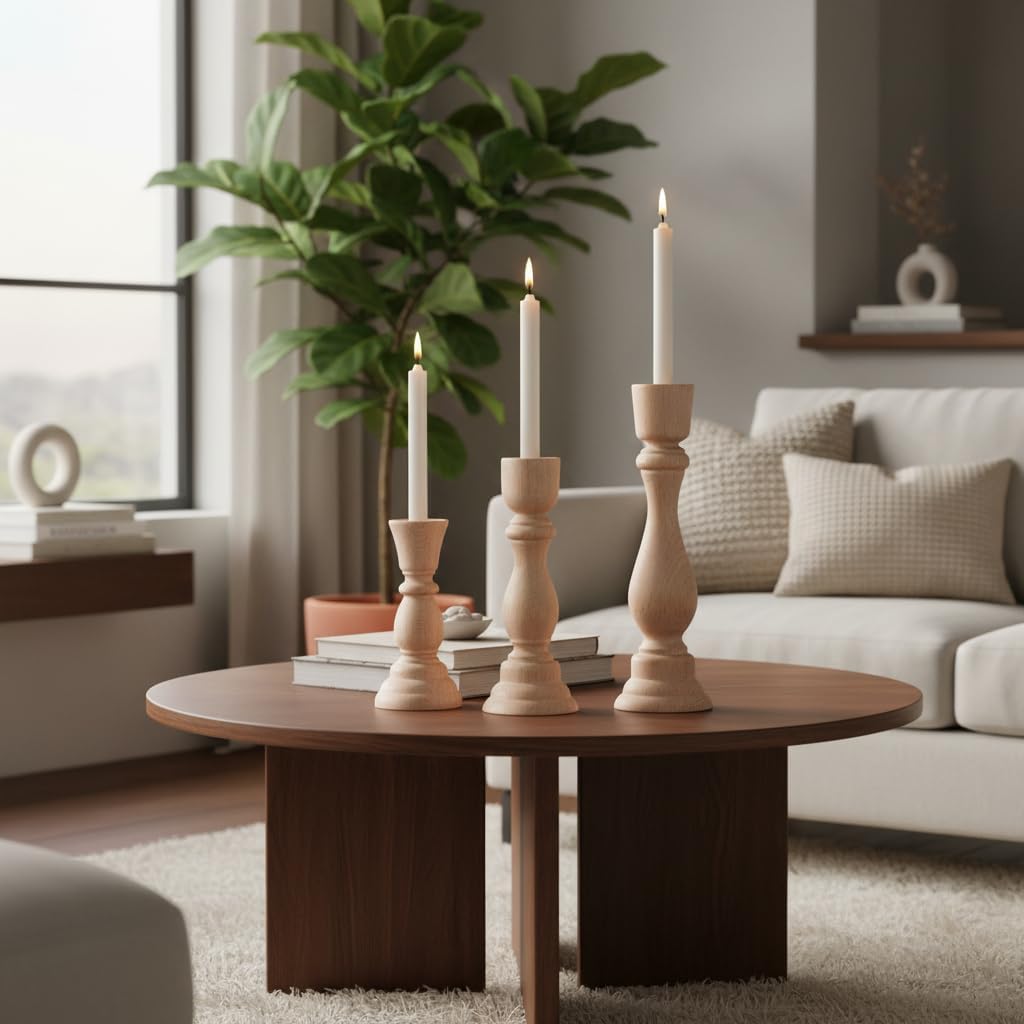 3 Pcs Wooden Candle Holders, Unfinished Taper Pillar Farmhouse Candlesticks