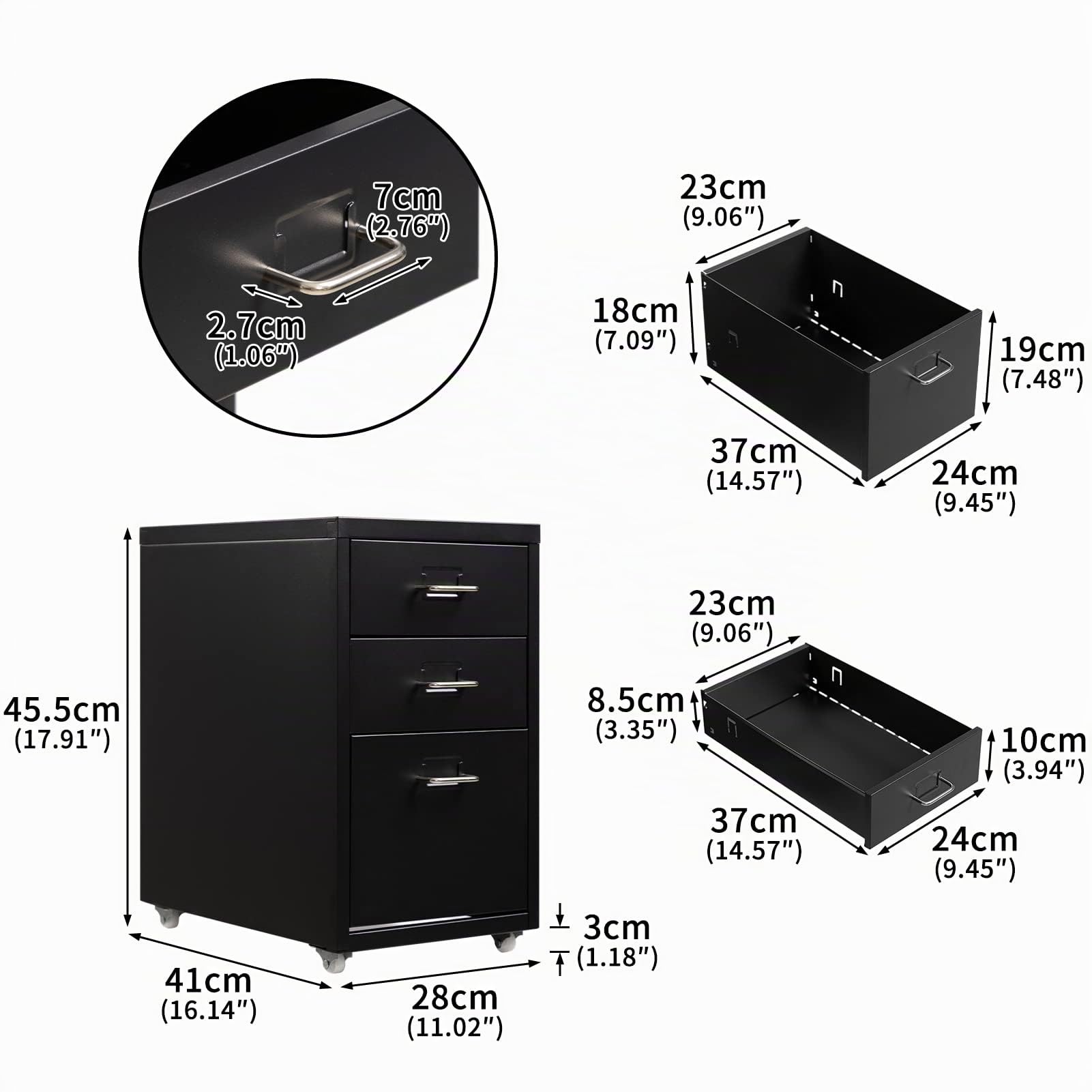 HollyHOME Gabinete de Archivos móvil, Organizador de Archivos con Ruedas para Debajo del Escritorio de 3 cajones, gabinete de Almacenamiento de Metal con Ruedas para el hogar y la Oficina, Negro