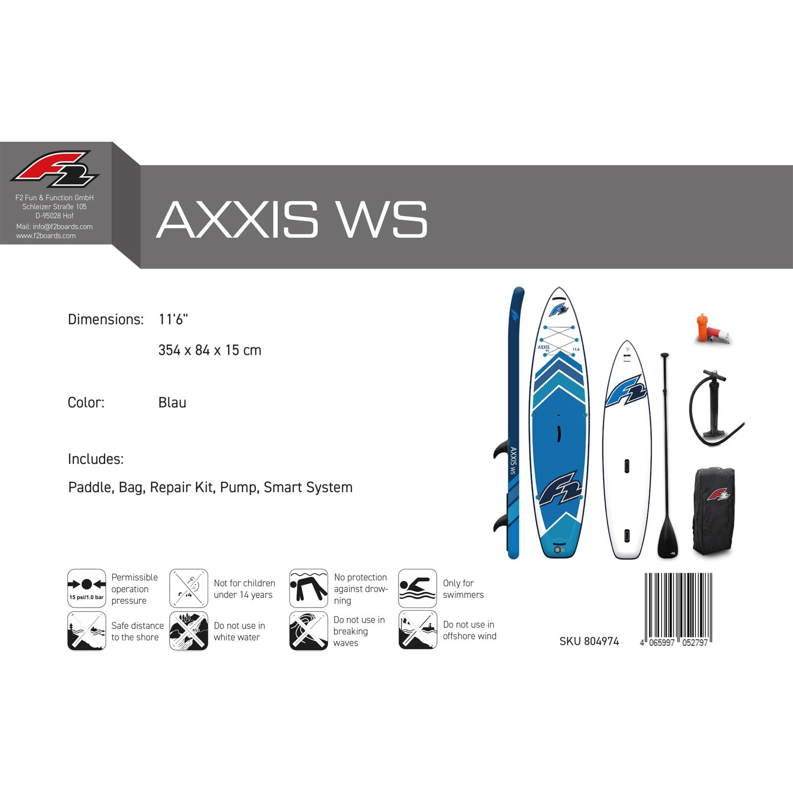 F2 Stand Up Paddle Board AXXIS WS Windsurf SUP Größe wählbar Blau 2024/2025