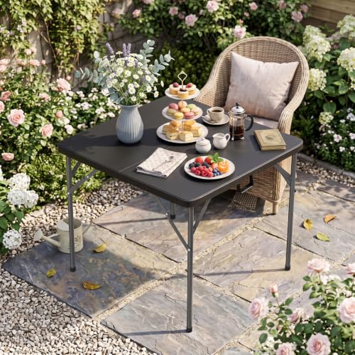 BLKMTY 34" Square Folding Card Table, Indoor Outdoor Portable Picnic Table Half Foldable Plastic Tables with Carrying Handle for Kitchen Camping Party BBQ Event, Black - Image 9