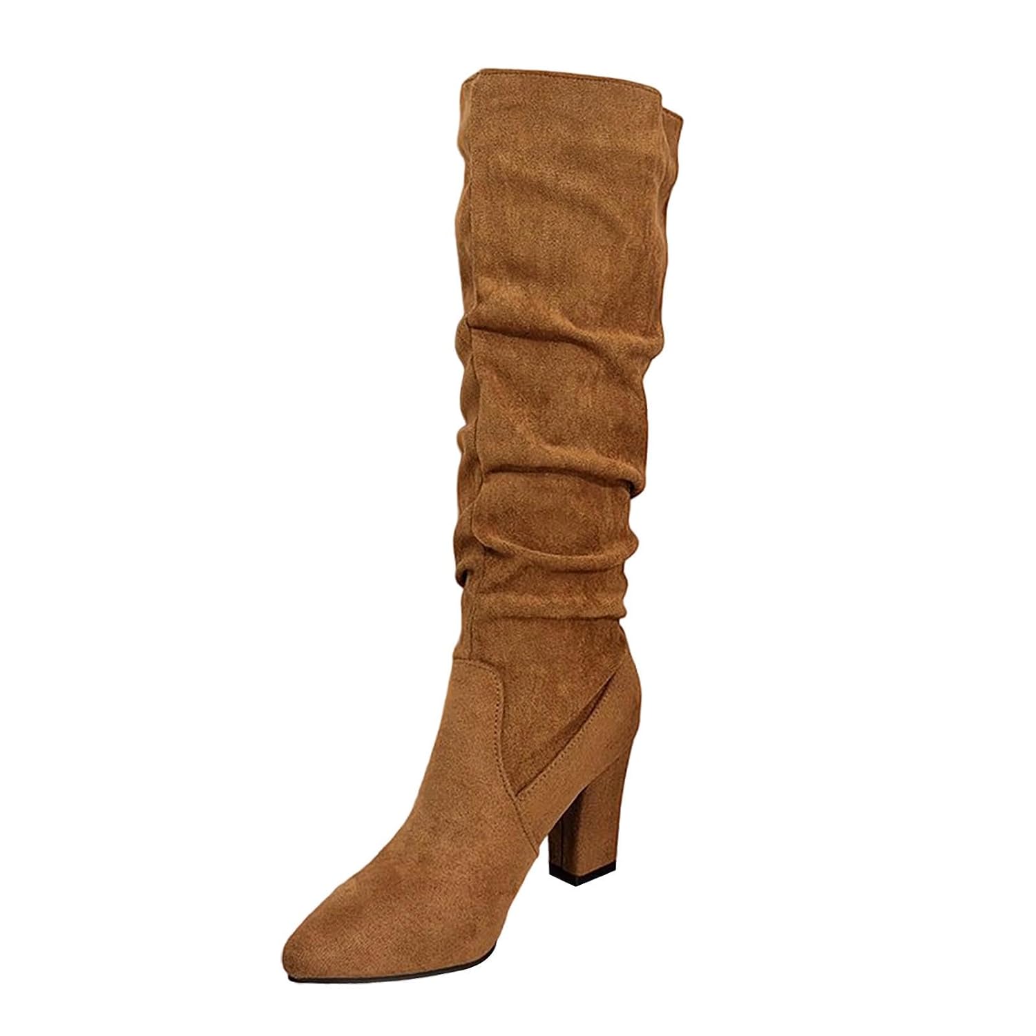 Knee High Boots for Women Elegant Flock High Heel Boot Winter Solid Pointed Toe Shoes Fashion Pleated Cowboy