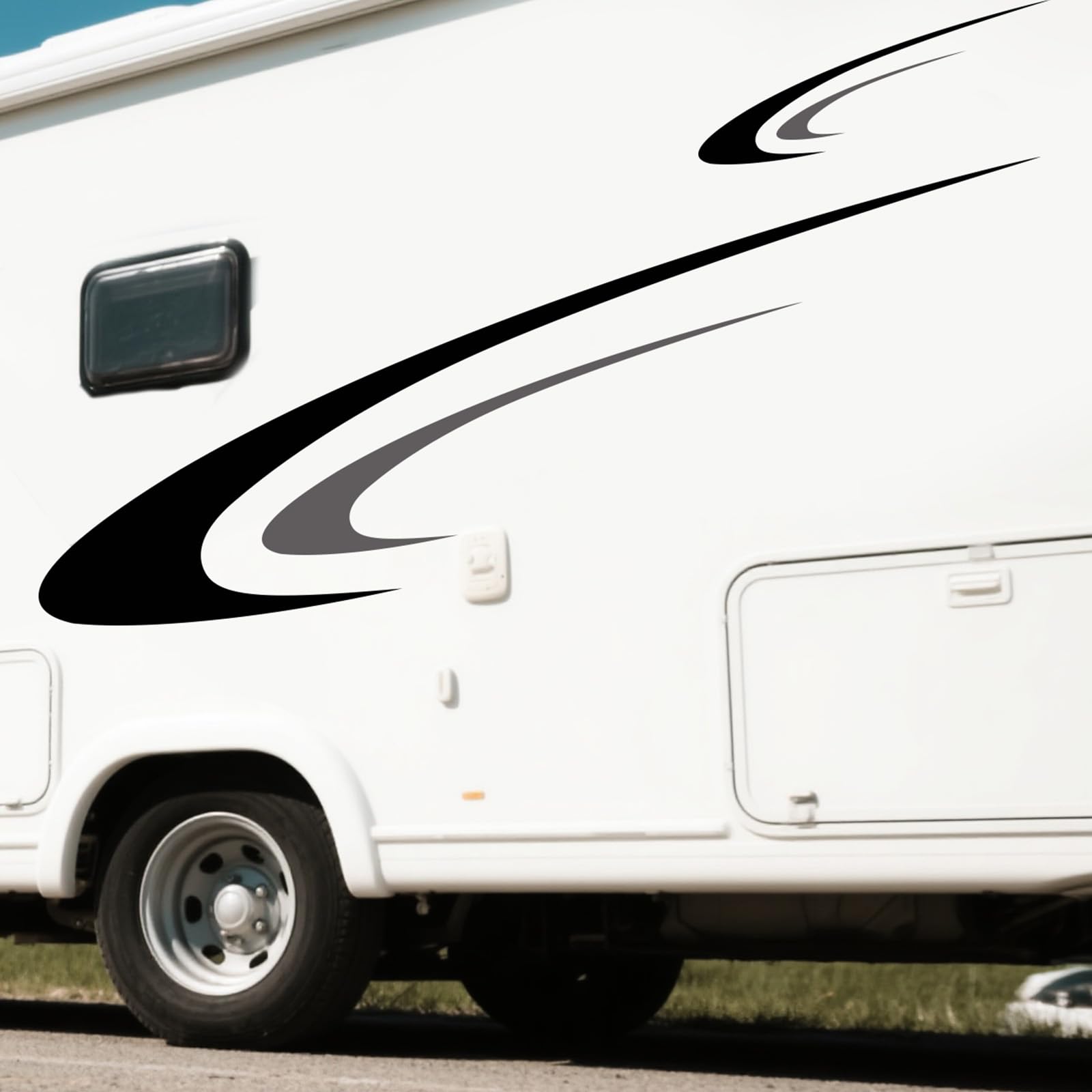 Baceyong 6 piezas gráficas de rayas de vinilo, calcomanías grandes de vinilo para caravana, remolque, autocaravana, pegatinas gráficas, vinilos para furgonetas camper, negro, gris