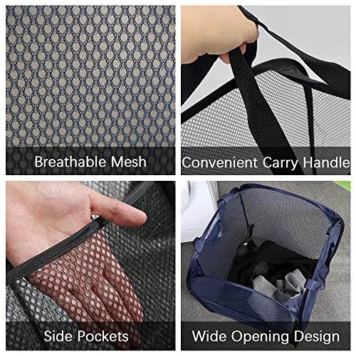 4Pcs Mesh Falten Wäschekörbe, 75L große Pop-up Wäsche Hamper Bins zusammenklappbar mit Griffen und 4 Waschtaschen, tragbarer Waschkorb Faltbarer Reinigungskorb für Schlafzimmer Badezimmer