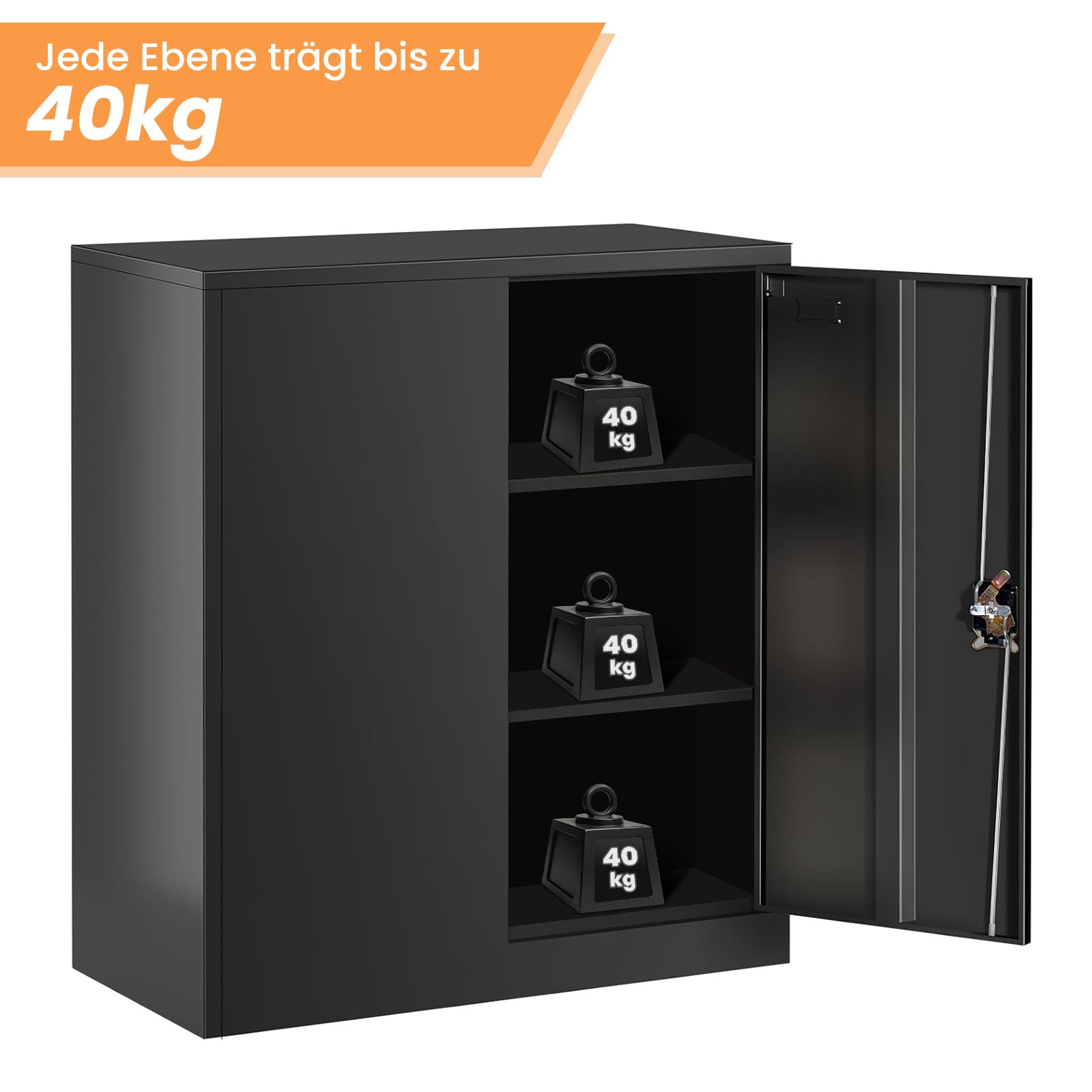 Frideko Aktenschrank 90 x 40 x 90cm - Metallschrank mit 2 Türen und 2 Verstellbaren Einlegeböden, Aufbewahrungsschrank mit Schloss für Zuhause, Büro und Lager, Schwarz