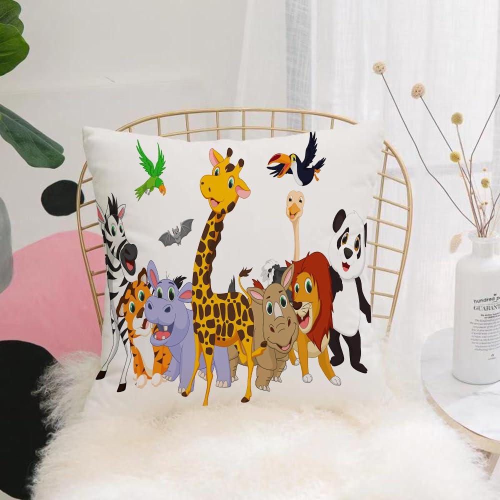 HYOSXW Cushion Cover,Throw Pillow Case Home Decorative for Living Room Bedroom Sofa Chair 16X16 Inch,Cartoon, a series of colorful wildlife gatherings, giraffes, zebras, pandas and,Pillowcase 40X40cm