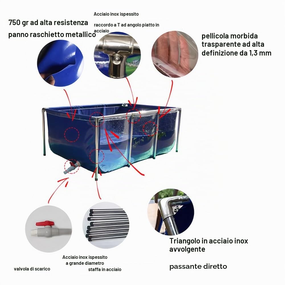 Stagno per pesci in tela di PVC con telaio in acciaio, grande piscina rettangolare fuori terra con finestra di visualizzazione trasparente, serbatoio dell'acqua pieghevole
