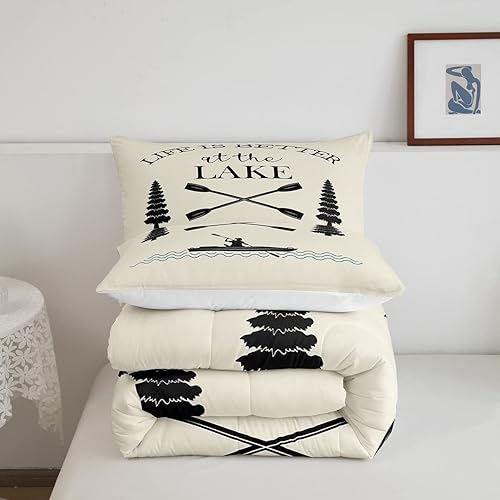 Miniatura 5 de Juego de ropa de cama para niños, juego de edredón de lancha con remos de granja, casa de lago, edredón rústico retro, ropa de cama de barco de