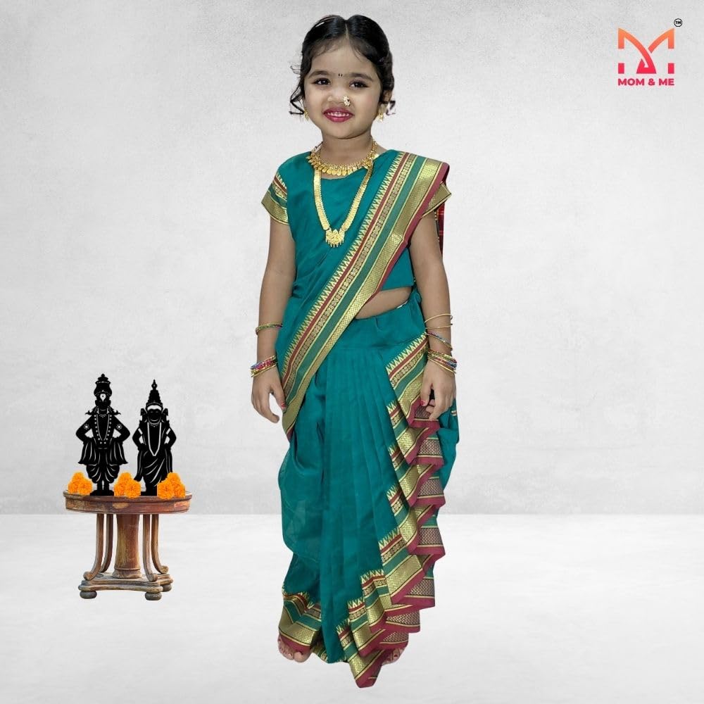Mom and Me Girls' Ready-to-Wear Mastani Nauwari Saree with Stitched Blouse | Traditional Maharashtrian Ilkal Border | Soft Acrylic Cotton | Age 12 Months to 15 Years (Morpankhi, 4-5 Years) - Image 5 thumbnail