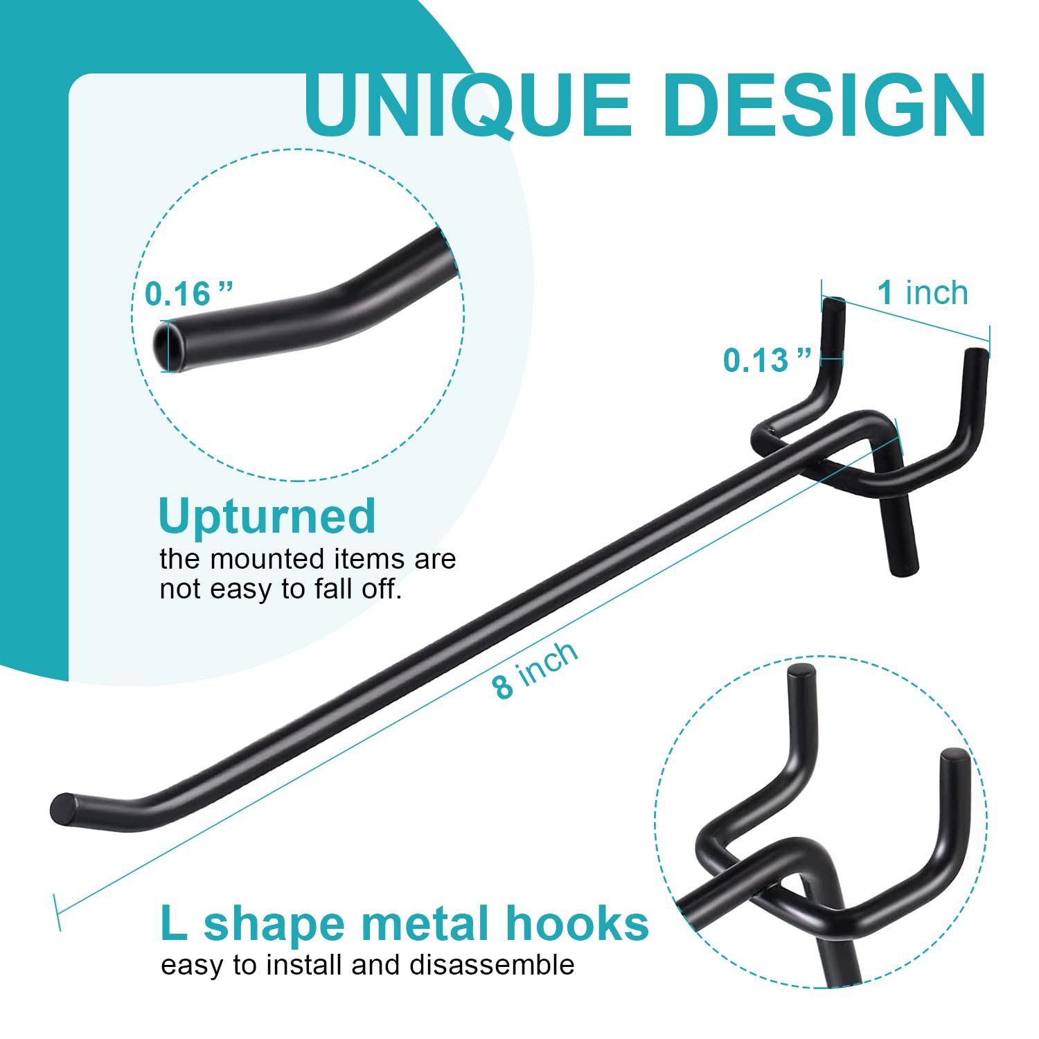 HJW Stainless Steel Pegboard Hooks, 100 Pack, Black, Heavy Duty, L Shape, 8 Inch, for 1/8 and 1/4 Pegboard, Garage Storage Organizer